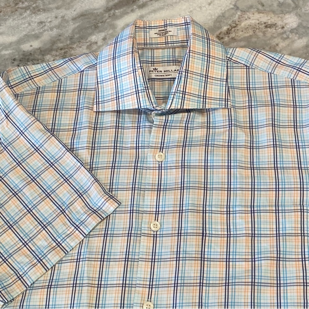 Peter Millar Crown Comfort Cotton Silk Blend Plaid Short Sleeve Shirt - Medium